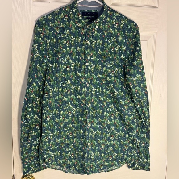 Zara men green printed poplin long sleeve button down shirt - Picture 5 of 11